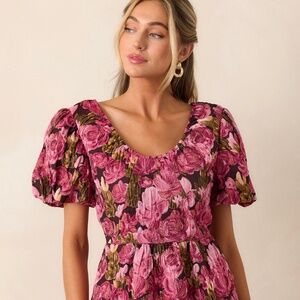 Red Dress Change Of Pace Berry Floral Jacquard Puff Sleeve Mini Dress Size LL /